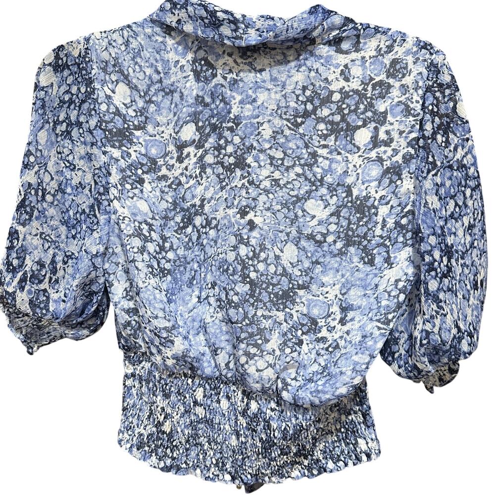 Express Blouse XS Blue White Coquette Y2K Puff Sleeves Smocked Waist Top FLAW - Picture 4 of 7